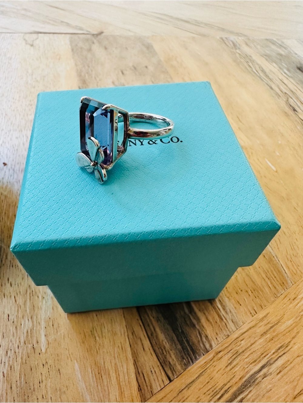 Tiffany & Co. Silver Ring with Blue-Purple Gem and Flower Accent